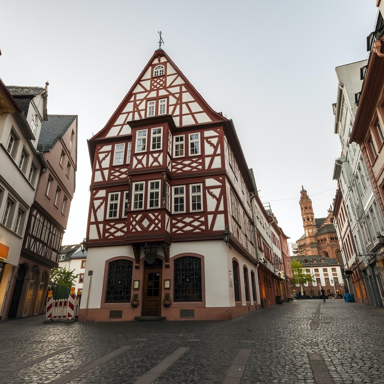 Old architecture houses in the center of Mainz city near Frankfurt am Main, Germany